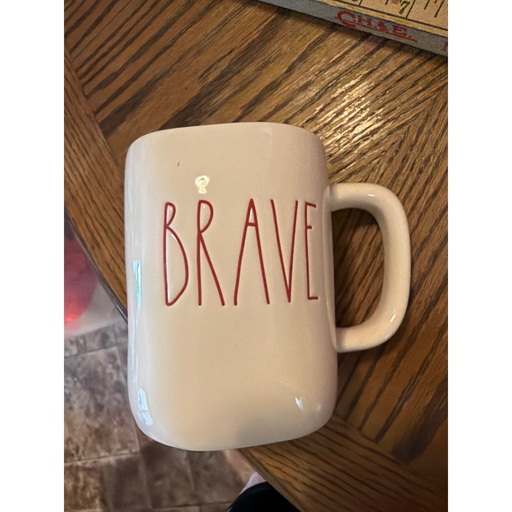 Rae Dunn Artisan Collection BRAVE Ceramic Coffee Mug Magenta Red Lettering Ivory